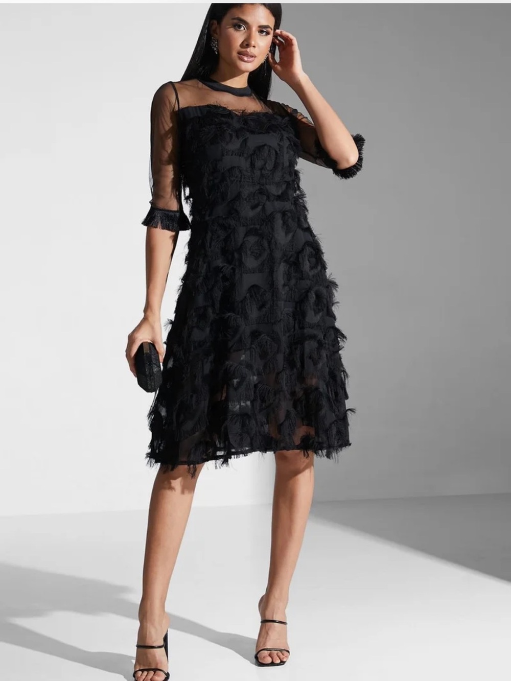 DALIA MACPHEE Sheer Mesh Black Fringe Dress Size XL NEW